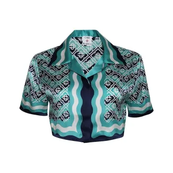 CASABLANCA Monogram Wave Cropped Silk Shirt 'Turquoise'