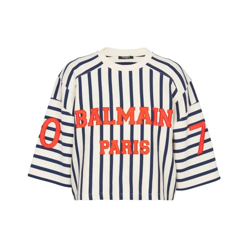 BALMAIN Logo-embellished Cropped Baseball T-shirt-0