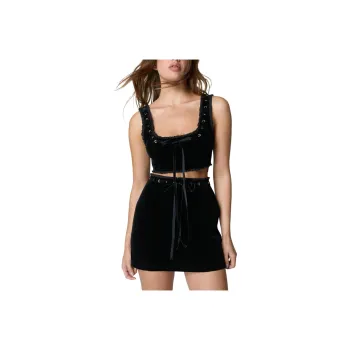 NASTY GAL Velvet Ribbon Trim Corset Top Crop Tops Women's Black