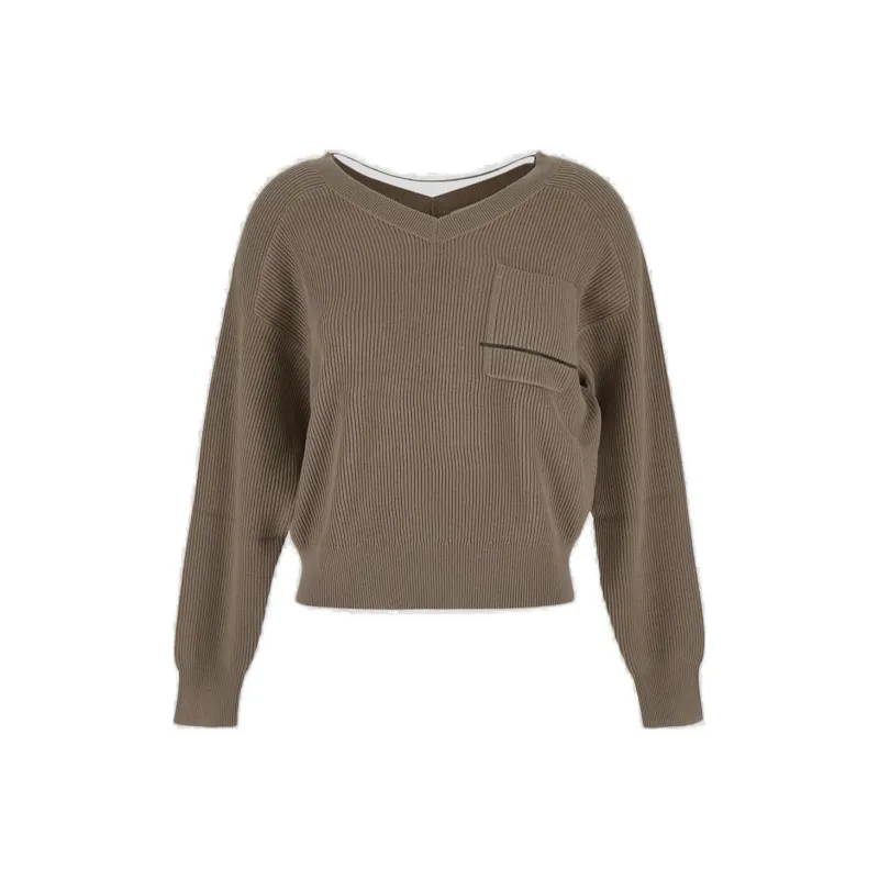 Brunello Cucinelli V Neck Ribbed Knitted Jumper-0