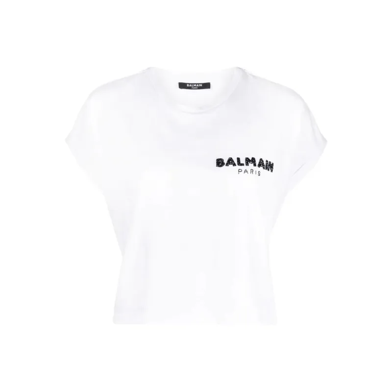 BALMAIN Sequin Logo Round Neck T shirt-0