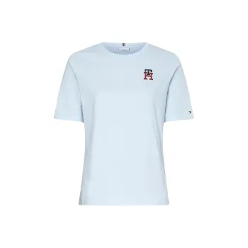 Tommy Hilfiger Th Monogram Embroidery Crew Neck T Shirt T Shirt Women's Light Blue