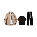 Clothing Set (Light Coffee Shirt+Black Short-Sleeved Shirt+Black Casual Pants)
