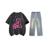 Set (Dark Gray Short-Sleeved+Vintage Blue Jeans)