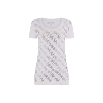 GUESS Rhinestones 4g Logo Stretch T-Shirt T-Shirt Women's White