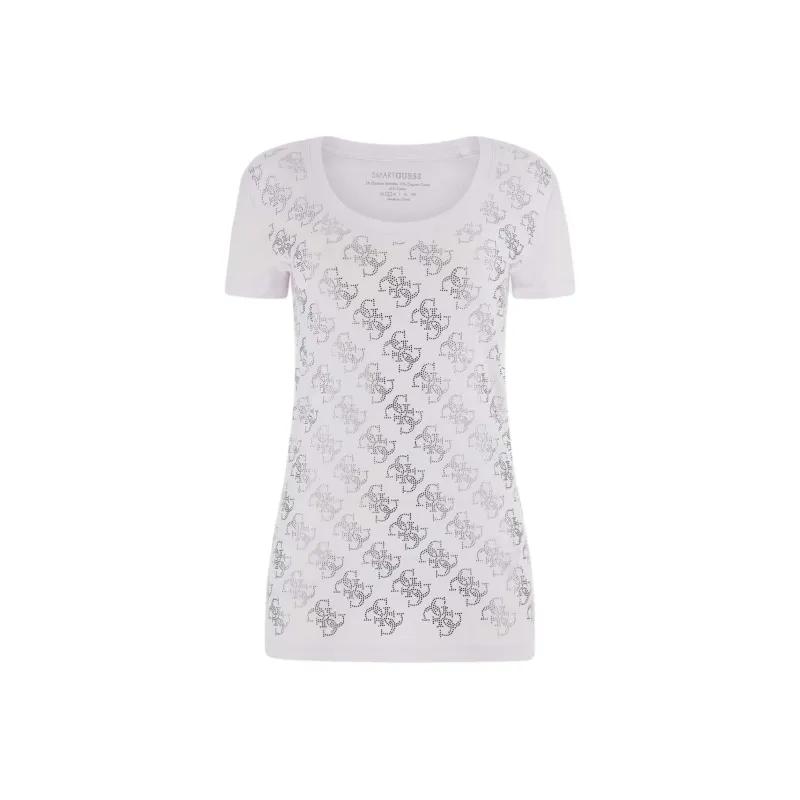 GUESS Rhinestones 4g Logo Stretch T-Shirt T-Shirt Women's White-0