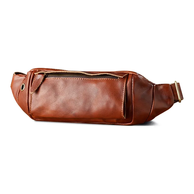 Simple&nature Vegetable Tanned Cow Leather Fanny Pack Unisex Black/Light Brown-2