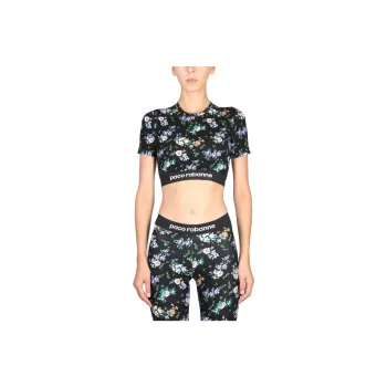 Paco Rabanne Paint-Splatter Print Logo-Band Crop Top
