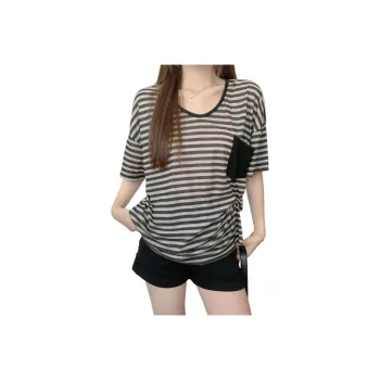 Flowers In Water Drop Shoulder Sleeve T Shirt Women's Black White