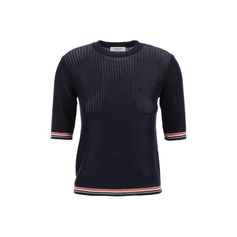 THOM BROWNE Rwb Stripe Pointelle Knit Crewneck Top-0