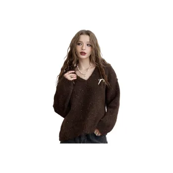 ELF SACK Fuzzy V Neck Pullover Sweater With Fine Sparkle Women's