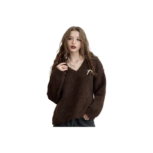 ELF SACK Fuzzy V Neck Pullover Sweater With Fine Sparkle Women's
