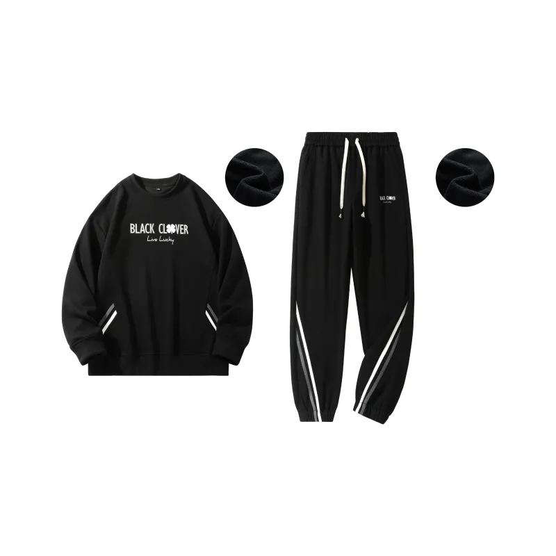 BLACK CLOVER Thickened And Fleece-Lined Crew Neck Pullover Sweatshirt Set Unisex Black-0