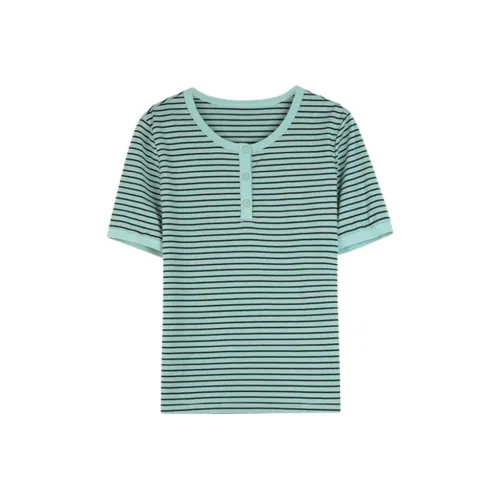 SOLIGHTER T Shirt Women's Quail Egg Green Stripes