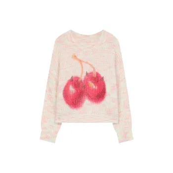 ELF SACK Multicolor Flocked Cherry Print Crew Neck Sweater Women's
