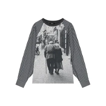 ELF SACK T Shirt Women's Gray Blue Stripes Illustration Color