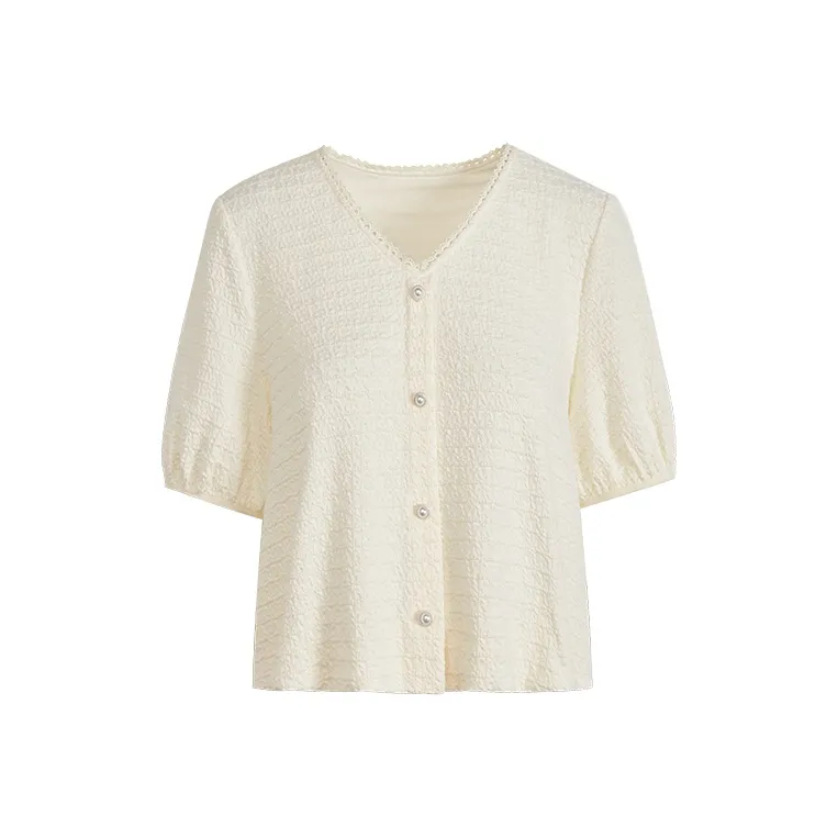 KUOSE Puff Sleeve T Shirt Women's Beige Apricot-0