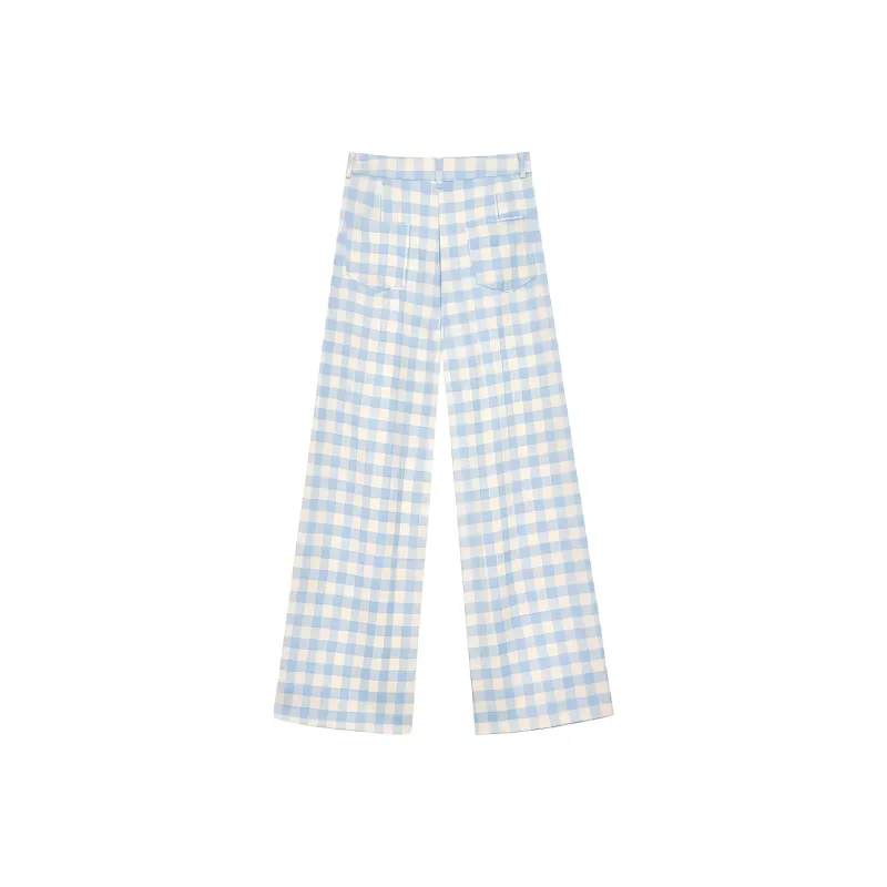 DOKZB Casual Pants Women's Blue Plaid-1