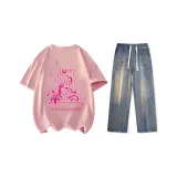 Set (Pink Short-Sleeved Shirt+Nostalgic Blue Jeans)