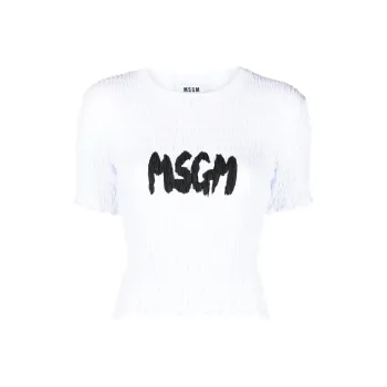 MSGM Logo-Printed Smocked Cropped Top