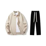 Clothing Set (Khaki Long-Sleeved Shirt-6061+Black Casual Pants)