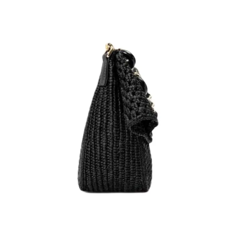 LOEWE Raffia Patchwork Calfskin Handbag Medium Size Women's Black-5
