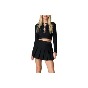 NASTY GAL Lace Up Long Sleeve Top Crop Tops Women's Black