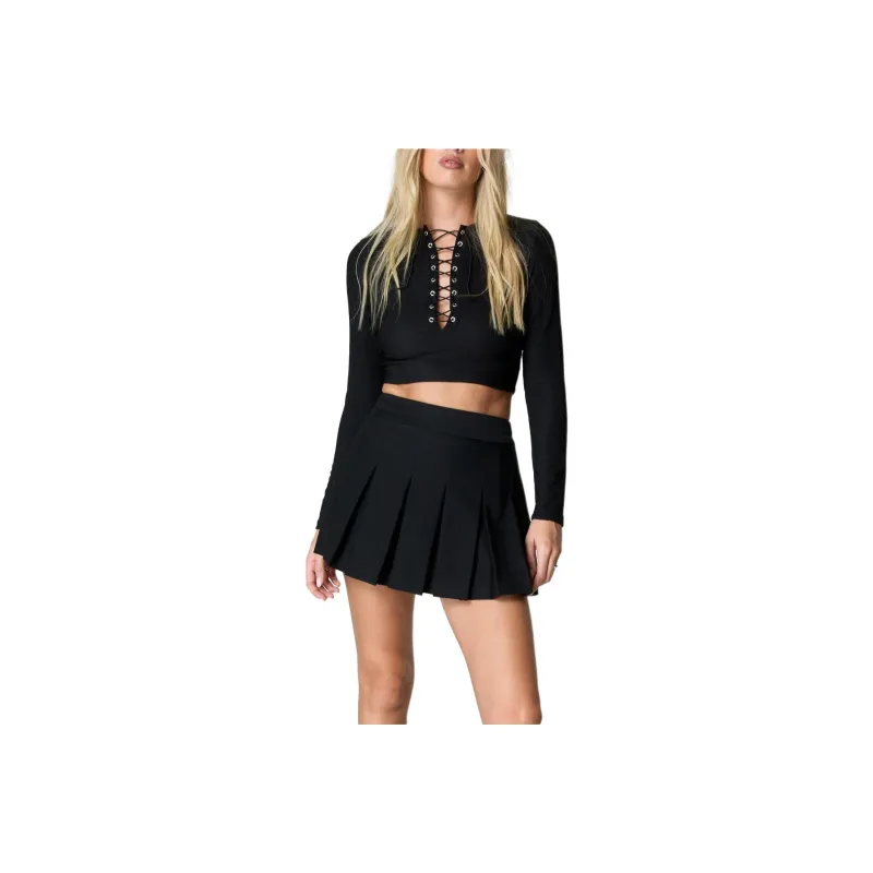 NASTY GAL Lace Up Long Sleeve Top Crop Tops Women's Black-0