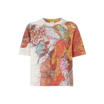 Burberry Map Print Crew Neck Pullover Short Sleeved T Shirt Women's Multicolor
