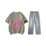 Set (Moss Green Short-Sleeved+Vintage Blue Jeans)