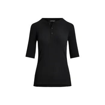LAUREN RALPH LAUREN Solid Color Button Pullover Slim Fit Five Button Long Sleeved T Shirt Women's Black