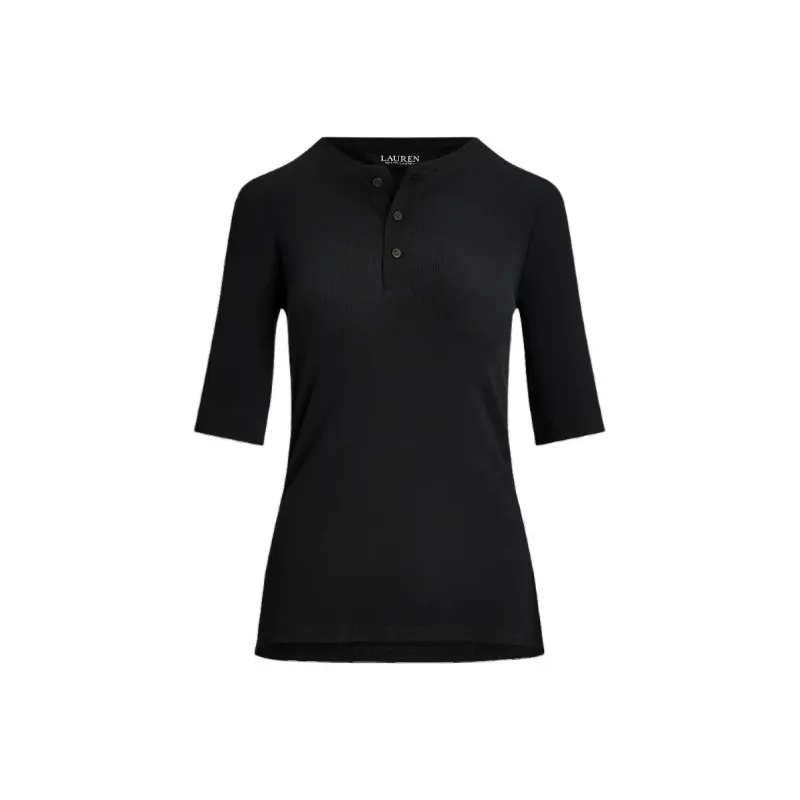LAUREN RALPH LAUREN Solid Color Button Pullover Slim Fit Five Button Long Sleeved T Shirt Women's Black-0