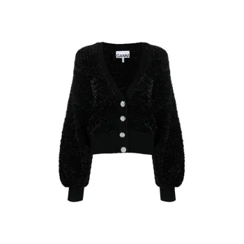 GANNI Sparkle Knit Puff Sleeve Cardigan 'Black'