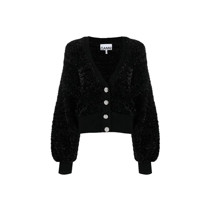 GANNI Sparkle Knit Puff Sleeve Cardigan 'Black'-0