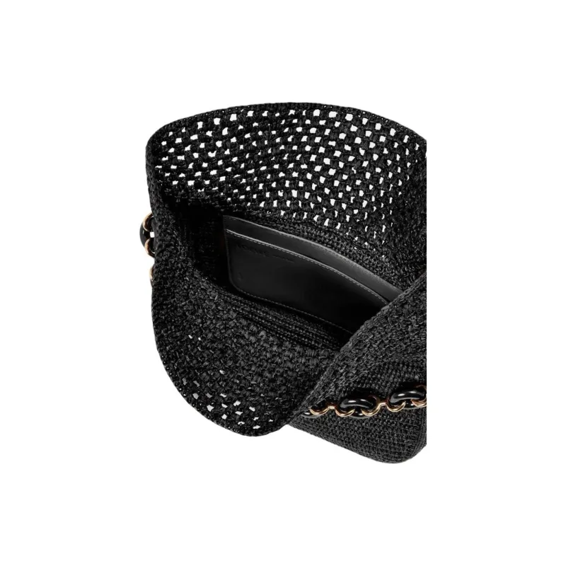LOEWE Raffia Patchwork Calfskin Handbag Medium Size Women's Black-6