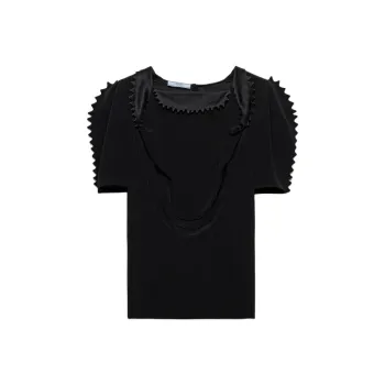 PRADA Solid Color Voile Square Collar Short Sleeved Shirt Puff Sleeve T Shirt Women's Black