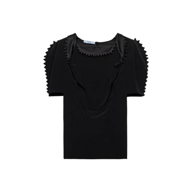 PRADA Solid Color Voile Square Collar Short Sleeved Shirt Puff Sleeve T Shirt Women's Black-0