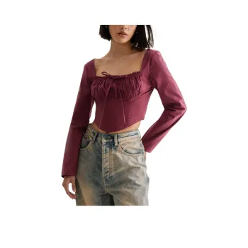 NASTY GAL Cotton Lace Trim Lace Up Back Long Sleeve Corset Top Crop Tops Women's Burgundy