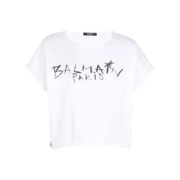 BALMAIN Cropped T Shirt With Graffiti Print 'White'