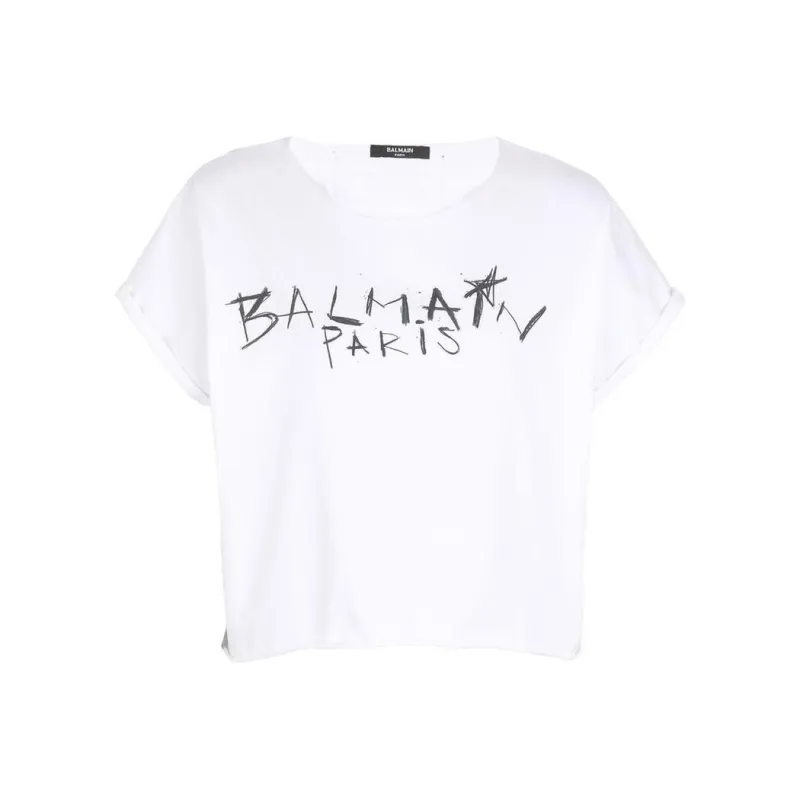 BALMAIN Cropped T Shirt With Graffiti Print 'White'-0