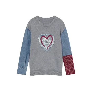 ELF SACK Color Block Denim Patchwork Crew Neck Sweater Women's