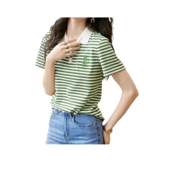 Mo Han Yi Mei Regular T Shirt Women's Green Stripes