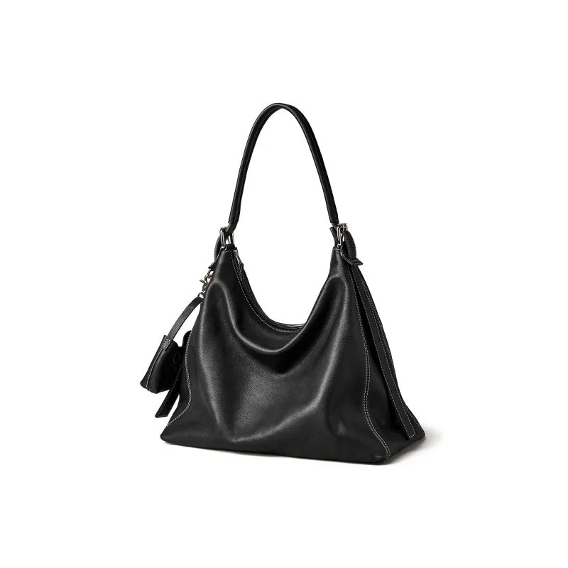 KAISER Top Grain Vegetable Tanned Cow Leather Tote Bag, Shoulder Bag Women's Black/Coffee-0