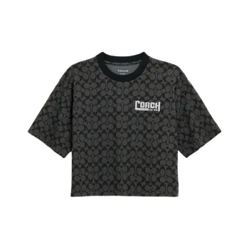 COACH Letter Logo All Over Print Casual Crew Neck Cropped Short Sleeved T Shirt Women's Mixed Black