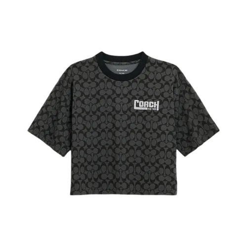COACH Letter Logo All Over Print Casual Crew Neck Cropped Short Sleeved T Shirt Women's Mixed Black