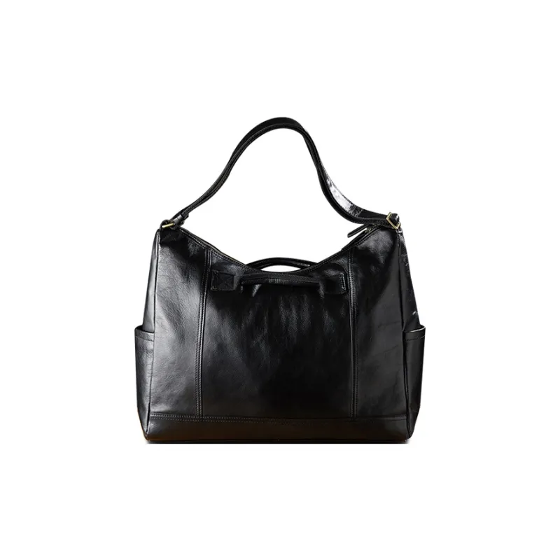 Simple&nature Top Grain Cow Leather Shoulder Bag Unisex Black-2
