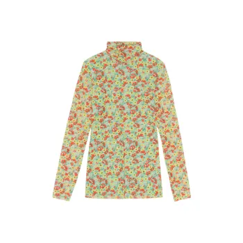 GANNI Fitted Printed Mesh Rollneck Long Sleeve 'Meadow Celadon Green'