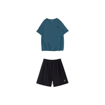 XTEP Casual Sportswear Unisex Clothing Set Dark Green Short Sleeved Shirt+Black Shorts