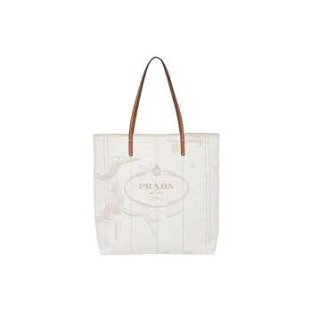 PRADA Linen Blend With Leather Tote Bag Shopping Bag Handbag Large Size Women's Beige/White Orchid