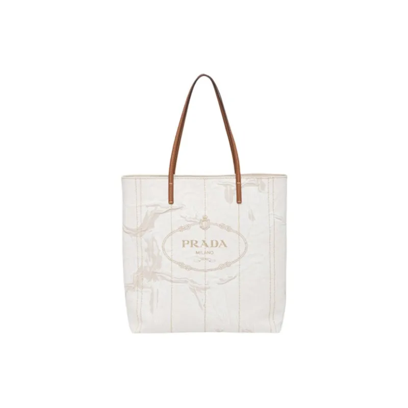 PRADA Linen Blend With Leather Tote Bag Shopping Bag Handbag Large Size Women's Beige/White Orchid-0